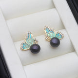 Real Cultured River Freshwater Pearl AAA Zircon Diamonds Stud Silver Earrings