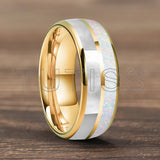 Dome Double Groove Inlaid With White Opal Stone Mother Of Pearl Shell Tungsten Rings