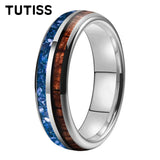Blue Crystal Stone Inlaid Hawaiian Koa Wood 6/8mm Tungsten Carbide Rings