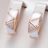 14 Karat Rolled Gold Hollow Geometric Curved White Ceramic AAA Zircon Diamonds Earrings