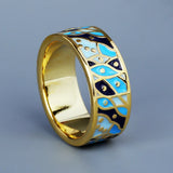 Classic Wide Gold Ring Blue Epoxy Handmade Enamel Small Fish Shape Ring