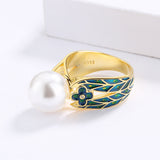 Exquisite Fashion Handmade Enamel Small Flower Inlaid Pearl 18KGP Ring
