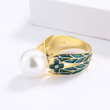 Exquisite Fashion Handmade Enamel Small Flower Inlaid Pearl 18KGP Ring