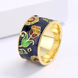 Vintage Elegant Black and Green Floral Handmade Enamel Silver 18KGP Ring