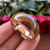 Whiskey Barrel Oak Wood Inlay Domed Polished Tungsten Engagement Wedding Rings