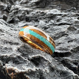 Amazing Whiskey Barrel Oak Wood Crushed Turquoise Inlay Tungsten Carbide Rings