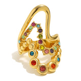 18K Gold Plated Creative Stainless Steel Hollow Heart Multicolor AAA Zircon Crystals Ring