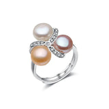 Elegant 925 Silver Multicolor Natural Pearl AAA Zircon Diamonds Adjustable Ring
