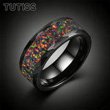 Hammered Tungsten Black Fire Opal Inlay 8mm Tungsten Engagement Ring for Men Women