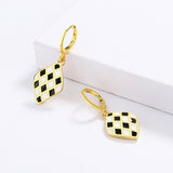 Handmade Enamel Exquisite Diamond Black and White Plaid 925 Silver Earrings