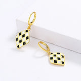 Handmade Enamel Exquisite Diamond Black and White Plaid 925 Silver Earrings
