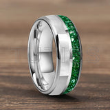 Dome Double Groove Inlaid With Green Crystal Stone Mother Of Pearl Shell Tungsten Rings