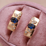 14K Gold Filled Elegant Geometric Square Sun Flower Embossed AAA Blue Zircon Earrings