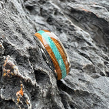 Amazing Whiskey Barrel Oak Wood Crushed Turquoise Inlay Tungsten Carbide Rings