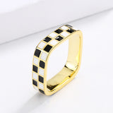 Hand Made Checkerboard Simple Black and White Enamel Plaid Open Ring