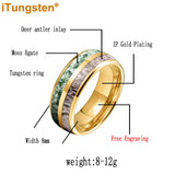 Polished Bevel Edges Deer Antler And Moss Agate Inlay 6/8mm Tungsten Carbide Rings