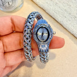 Snake Head Embellished Crystals Hollow-Out Woven Steel Bracelet Women's Watch