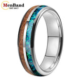 Inlaid Whiskey Barrel Wood and Blue-Green Opal 6/8MM Men Women Tungsten Rings