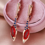 14K Filled Gold Luxury Blue Red Tassel Oval AAA Zircon Crystals Elegant Dangle Earrings