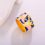New Enamel Handmade 18KGP Hand Painted Pink Blue Floral Wide Ring