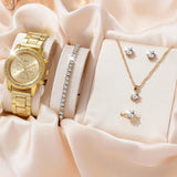 New Luxury Watch Bracelet Ring Necklace Earrings 6PCS Set - Rhinestone Fashion Casual Ladies Watches Set  - The Jewellery Supermarket