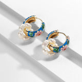 Boho Handmade Enamel Flowers Pearl Black Red Pink Vintage Gold Colour Hoop Earrings