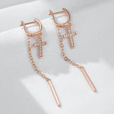 14 Karat Gold Filled AAA Zircon Diamonds Long Tassel Cross Dangle Earrings
