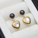 Fluted Heart Real Multicolour Pearls AAA Zircon Diamonds Silver Stud Earrings