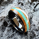 Amazing Whiskey Barrel Oak Wood Crushed Turquoise Inlay Tungsten Carbide Rings