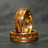 Double Groove Inlay Whiskey Wood, Domed High Polished Tungsten Carbide Rings