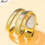 Iced Out Fashion Diamond Gold Steel Wrapped Strap Snake Bracelet Women's Watch - Quartz Watches for Women