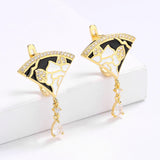 Exquisite Scalloped Flower Handmade White Black Enamel Zircon Diamonds Tassel Earrings