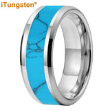 Blocky Turquoise Inlay Polished Bevel Edges Tungsten Carbide Rings for Men Women