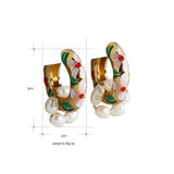 Boho Handmade Enamel Flowers Pearl Black Red Pink Vintage Gold Colour Hoop Earrings