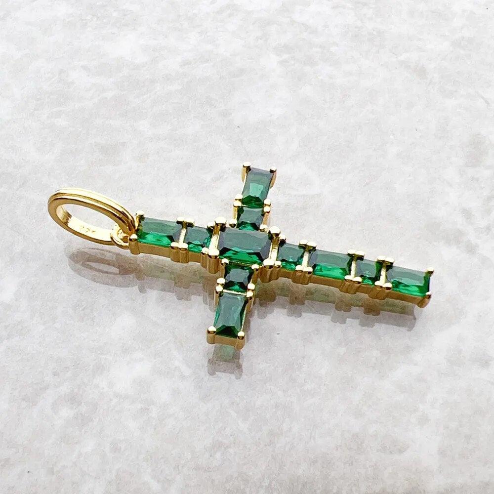 Brand New Gold Plated Cross Green AAA CZ Crystals Pendant 925 Sterling Silver Stylish Fine Jewellery Gift For Woman - The Jewellery Supermarket