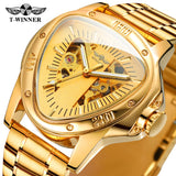 New Original Triangle Skeleton Automatic Mechanical Sport Stainless Steel High End Luxury Men Gold Tone Watches