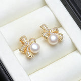 Beautiful Bow Design Real Pearl AAA Zircon Diamonds Silver Gold Colour Stud Earrings