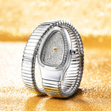 Amazing Luxury Zircon Diamond Dial Stainless Steel Quartz Wristwatch Fashion Snake Watch for WomenLady Dress Jewelry