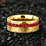 Hammered Faceted Brushed Finish Red Crystal Stone Inlay Gold Color Tungsten Rings