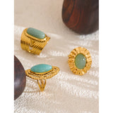 18K Gold Plated Green Natural Stone Fashion Adjustable Stainless Steel Geometric Open Ring
