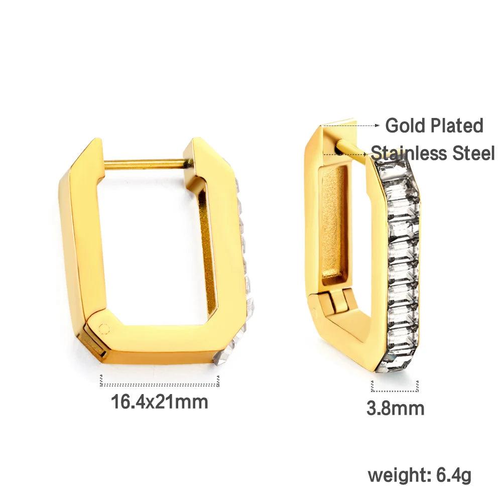 Retro Colorful Gold Plated Stainless Steel White Green Cubic Zirconia Crystals Women's Girls Square Hoops Earrings - The Jewellery Supermarket