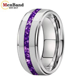 Purple Crystal Stone Inlay Brushed Finish Silver Finish 6/8MM Tungsten Rings