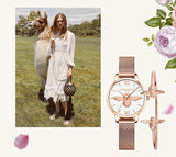 Elegant Luxury 3D Engraved Bee Dial Ladies Watch Rose Gold Plated 31mm Classic Casual Dress Watch with Bracelet Set