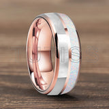 Dome Double Groove Inlaid With White Opal Stone Mother Of Pearl Shell Tungsten Rings