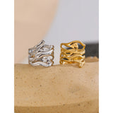18K Gold Plated Trendy Stainless Steel Layered Hollow Geometric Wide Fashion Ring