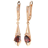 14 Karat Rolled Gold Red Water Drop AAA Zircon Crystals Long Dangle Elegant Earrings