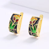 New High Quality Elegant Black Flower Handmade Enamel Silver Earrings