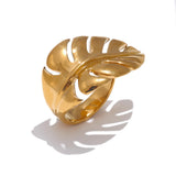 18K Gold Plated Stylish Design Stainless Steel Metal Leaf Leaves Open Ring Fashion Jewellery