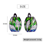 Handmade Enamel Green Bamboo Leaves AAA Zircon Diamonds Silver Earrings
