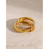 18K Gold Plated Minimalism Glossy Shine Stainless Steel White Cubic Zirconia Inlaid Double Layer Ring